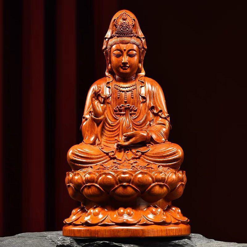 Rosewood Lotus Seated Guan Yin Bodhisattva Statue - Solid Wood Carving Handicraft for Home and Worship Decor