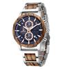 Alloy & Wood Combined Strap Watches Mens Multifunction Chronograph Quartz Calendar Watch Unique Steel Wooden Clock Male Reloj