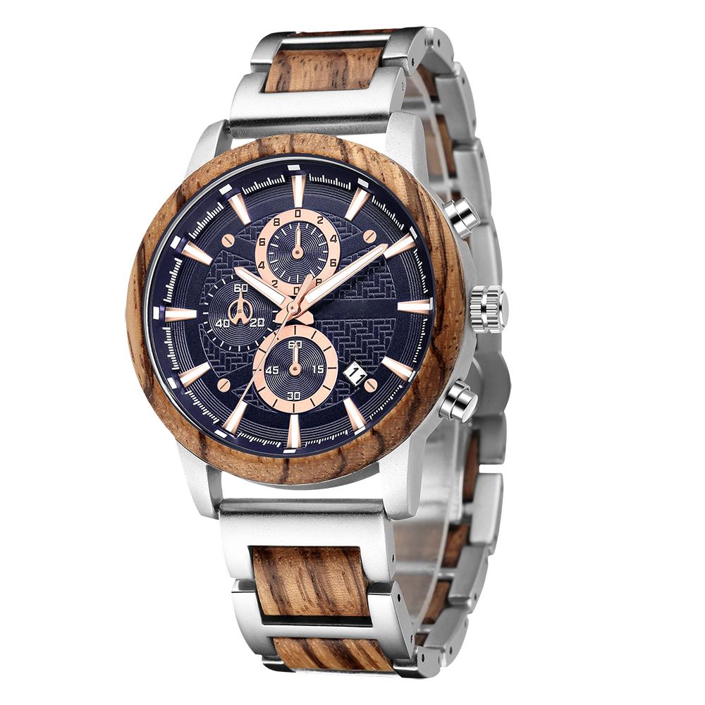 Alloy & Wood Combined Strap Watches Mens Multifunction Chronograph Quartz Calendar Watch Unique Steel Wooden Clock Male Reloj