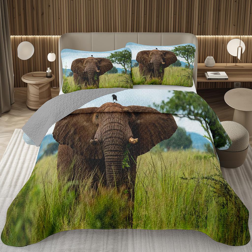 Elephant Quilt Set, African Animal Elephants Quilted Bedspread Western Rustic Farm Style Bedding Set Wild Safari Theme Coverlet