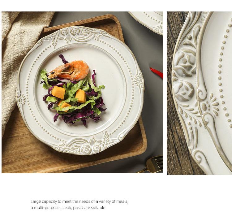 Set de Veselă Ceramică în Stil European cu Relief: Farfurii de cină, Boluri de orez, Boluri de salată și Farfurii pentru friptură