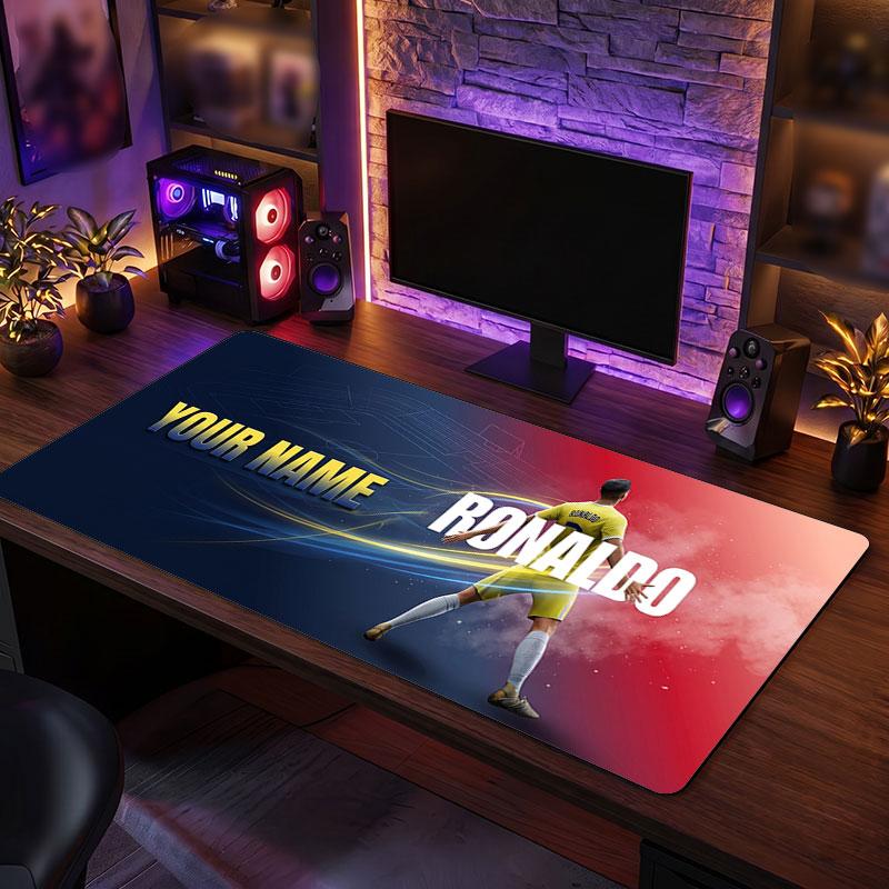 Cristiano Ronaldo Custom Large Mouse Pad, Personalized Name Text Print, Football Logo Non‑Slip Desk Mat Gaming Gift