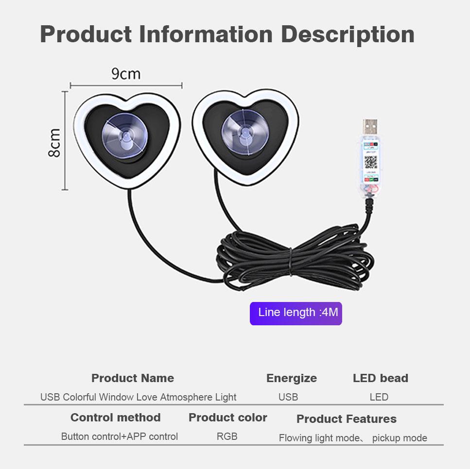 USB RGB Sweet Heart Atmosphere Light For APP&Remote Control Car Triangle Window Interior Motor Decoration Modification Neon Lamp