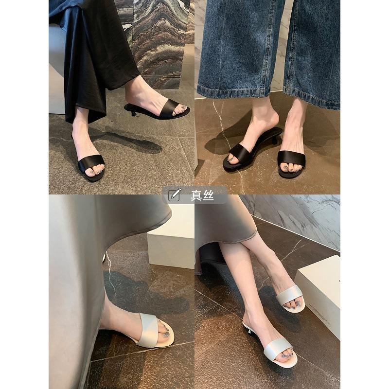 Sheepskin minimalist temperament silk word with high heels kitten and slippers women's summer sandals