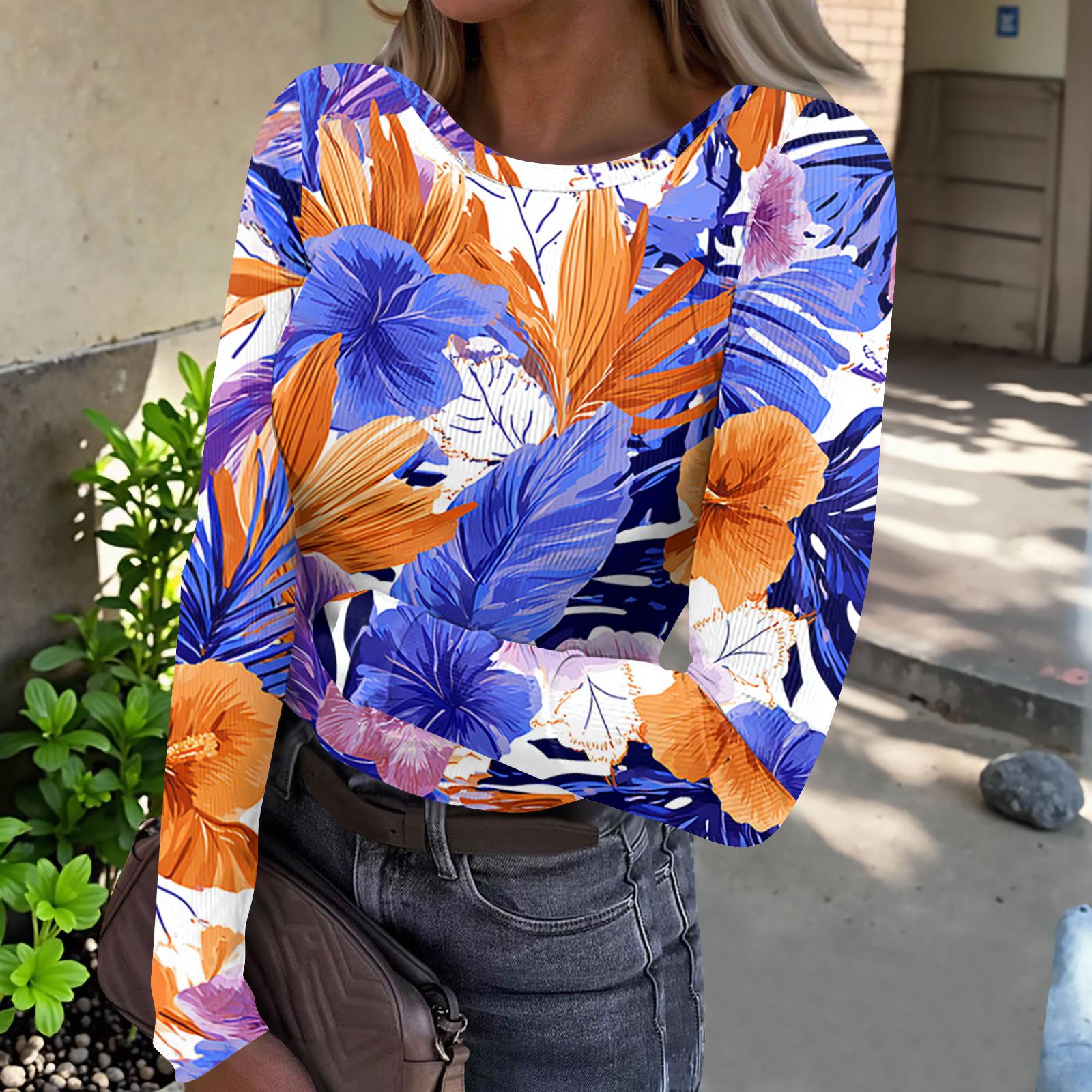 Women s Casual Fashion Round Neck Hawaiian Print Long Sleeve Ribbed Top L синий