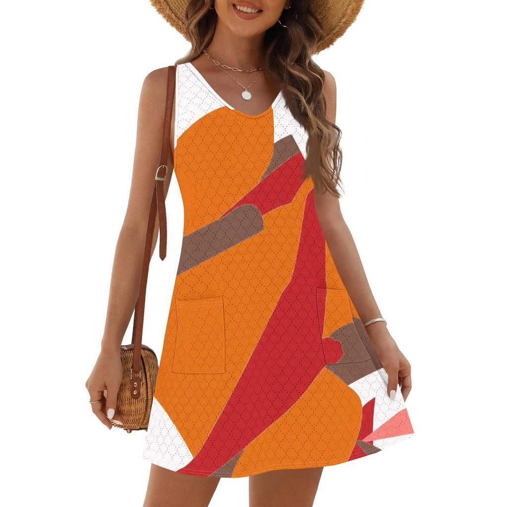 Women's Fashion Casual Summer Cupless Bag V-neck Vintage Color Block Stitching Print Dress Beach Sundress