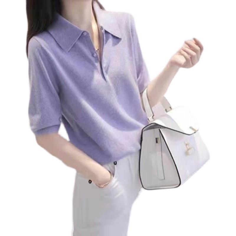 New women's summer lapel temperament white purple short-sleeved ice silk knitted sweater