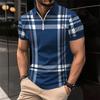 Men's Summer Printed Check and Striped Polo Shirt with Zip