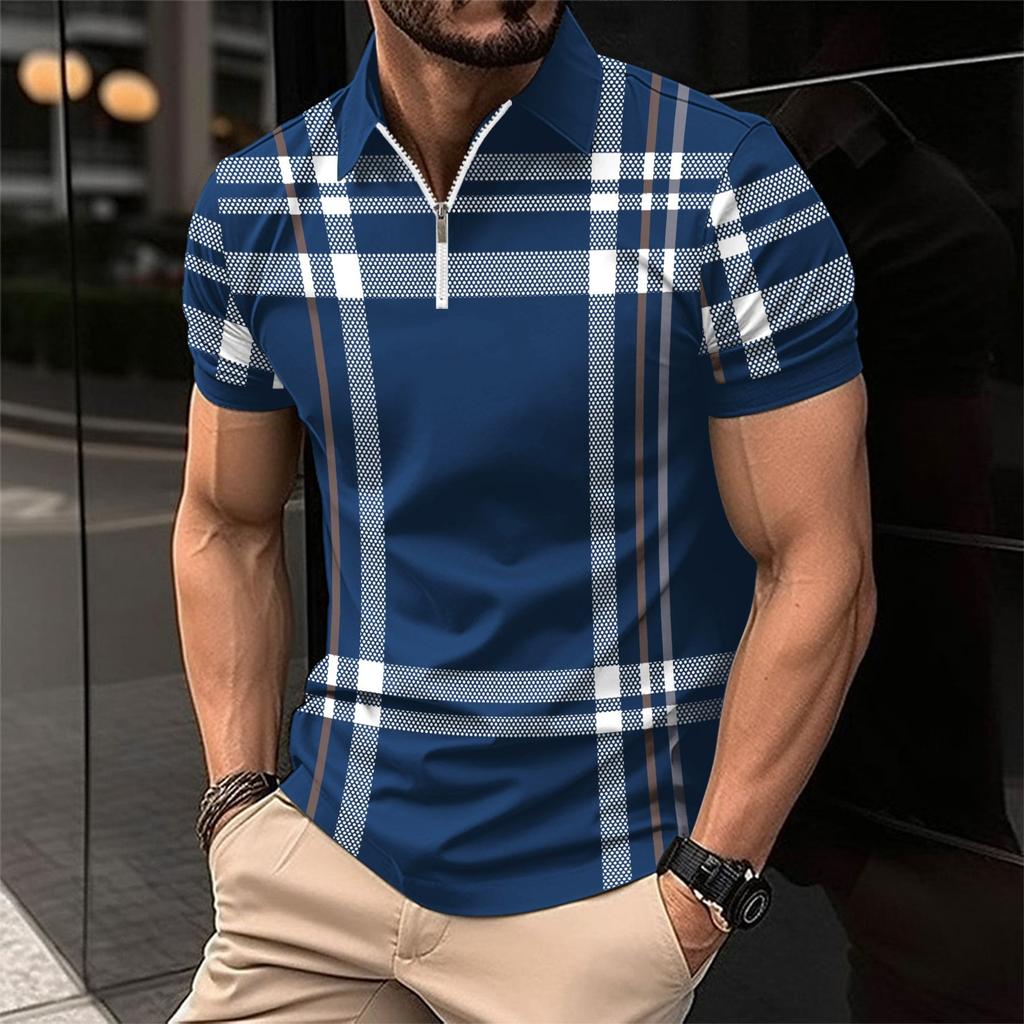 Men's Summer Printed Check and Striped Polo Shirt with Zip