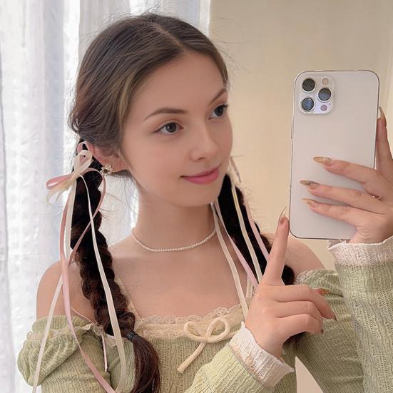 2Pcs Hair Rope Double Layer Soft Fabric Long Ribbon Hand-Sewn Bow Decor Hair Tie Princess Hairstyles Versatile Hair Accessory