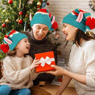Knit Winter Hat Christmas Ski Hat With Ball And Ears Windproof Holiday Headwear Warm Cozy Beanie For Outdoor Activities