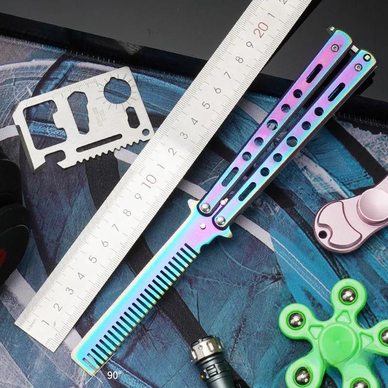 1Pcs Stainless Steel Practice Training Butterfly Knife Comb Beard Moustache Brush Salon Hairdressing Styling Tool Foldable Comb