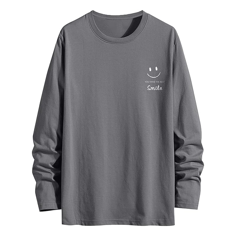 

[Zleufirty] мужская футболка с длинным рукавом 100% хлопок Модная футболка с длинным рукавом с улыбкой Тонкая однотонная футболка с длинным рукавом одежда на весну/лето/осень нижняя футболка
