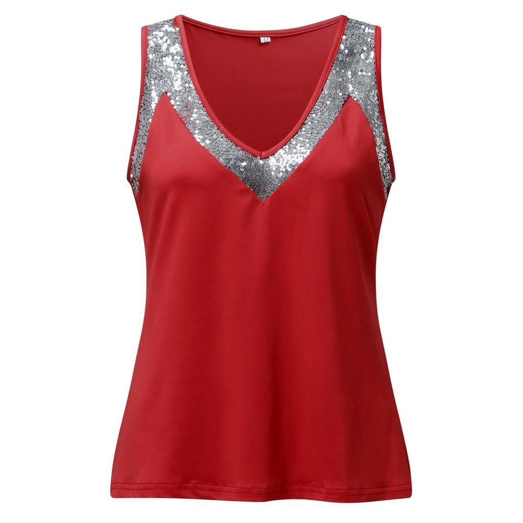 Summer Women Tank Tops Sequins Patchwork Sleeveless V Neck Shirts For Women Fashion Loose Tshirts Casual Shirt Pullover 2023