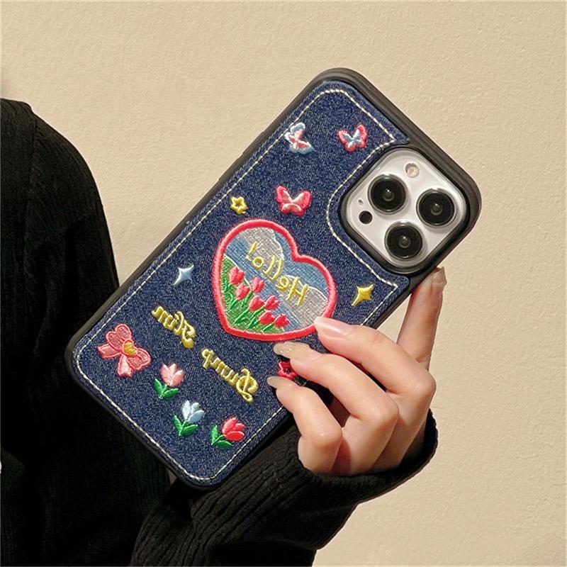 Ins koreanische süße Blume Denim bestickt Handytasche für Iphone 14 13 12 11 Pro Xs Max X Xr Liebe Herz Y2k stoßfeste weiche Abdeckung