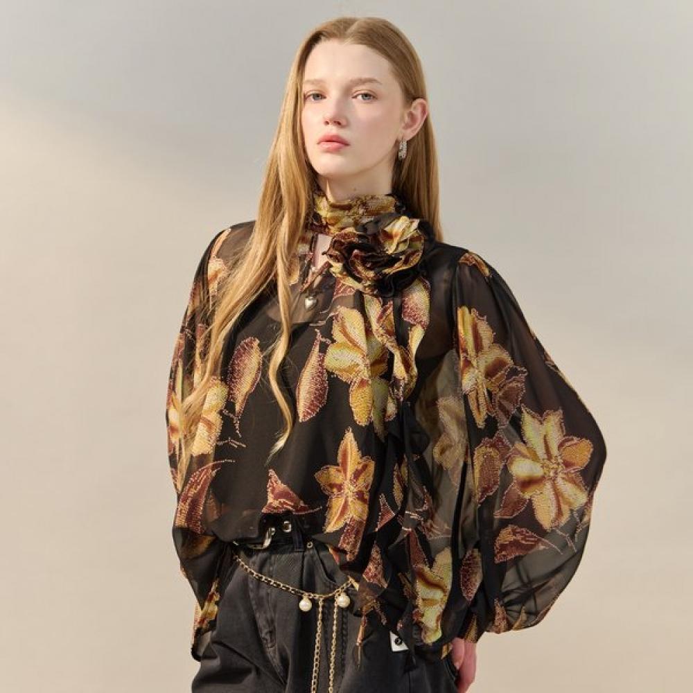 

Maxza Flower Corsage High Neck Sheer Blouse Zf05qb008nh blacks/FREE