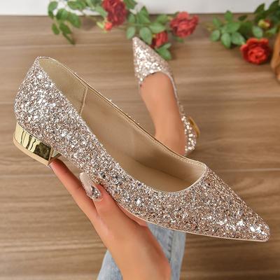 Gold Low Heels Pumps Frauen 2024 Frühling Glänzende Pailletten Spitzschuh Party Schuhe Frau Plus Größe Einfache Dicken Absätzen Braut Schuhe