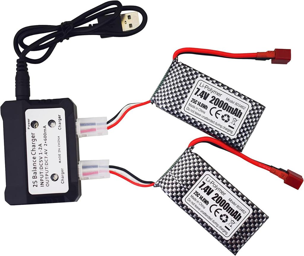 2× 7,4V 2000mAh LiPo-Akkus mit T-Stecker + Duales USB-Ladegerät – Kompatibel mit RC 9200, 9200E, 200E, 9202E, HM101, 9125, S920, S921, HB101