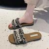 CRLAYDK Women's Flat Sandals Open Toe Pearl Rhinestone Beach Slippers for Summer Ladies Casual Dress Slip On Slides