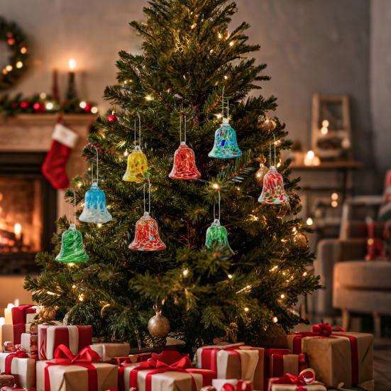 Glass Christmas Bell Ornament Hand Blown Glass Bell Colorful Bell Hanging Decoration for Xmas Tree Garden Patio Window