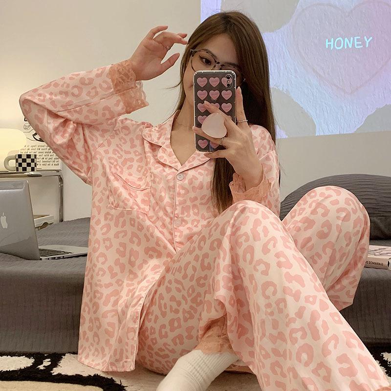 Pink Leopard Print Long-Sleeved Cardigan Pajamas Women'S Casual Spring Loungewear Set