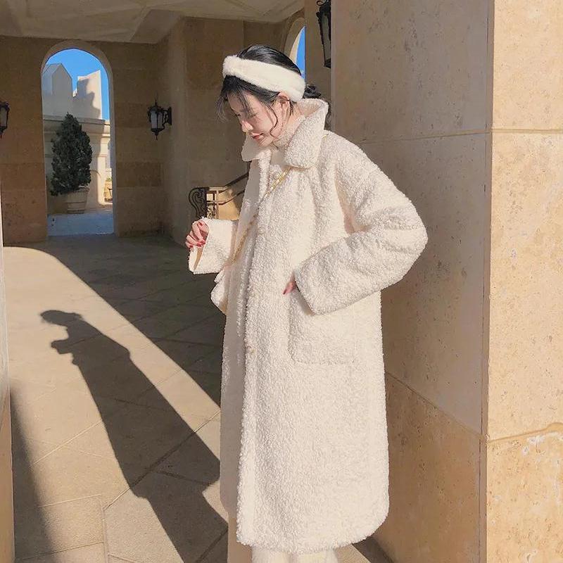 Dámská podzimní/zimní jednobarevná zimní hřejivá bunda s imitací jehněčí vlny, korejská volná a sametová dlouhá mikina s kapucí