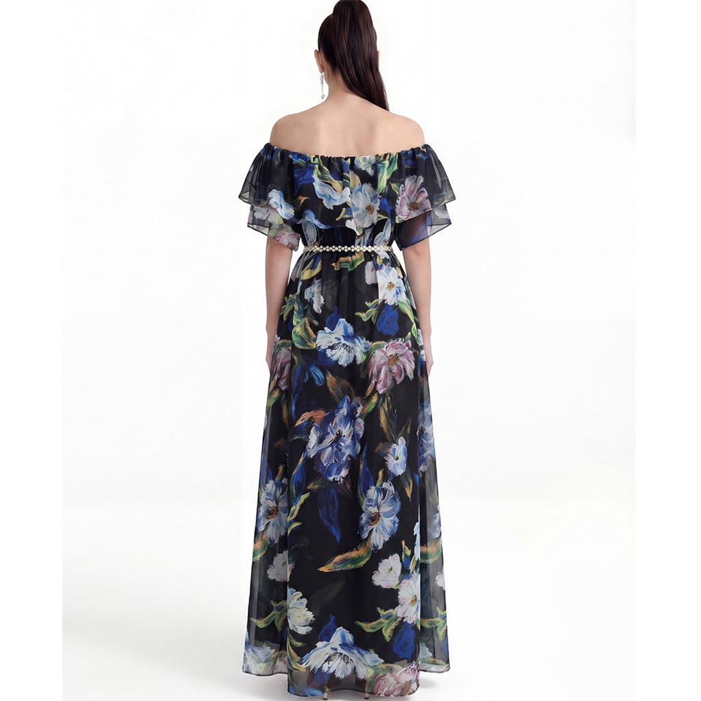 Summer Sexy Off Shoulder Slash Neck Ruffle Beach Party Dress Elegant Women Fashion Floral Pleated Holiday Long Dresses