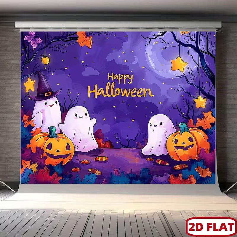 2D Purple Halloween Ghost & Pumpkin Photography Background