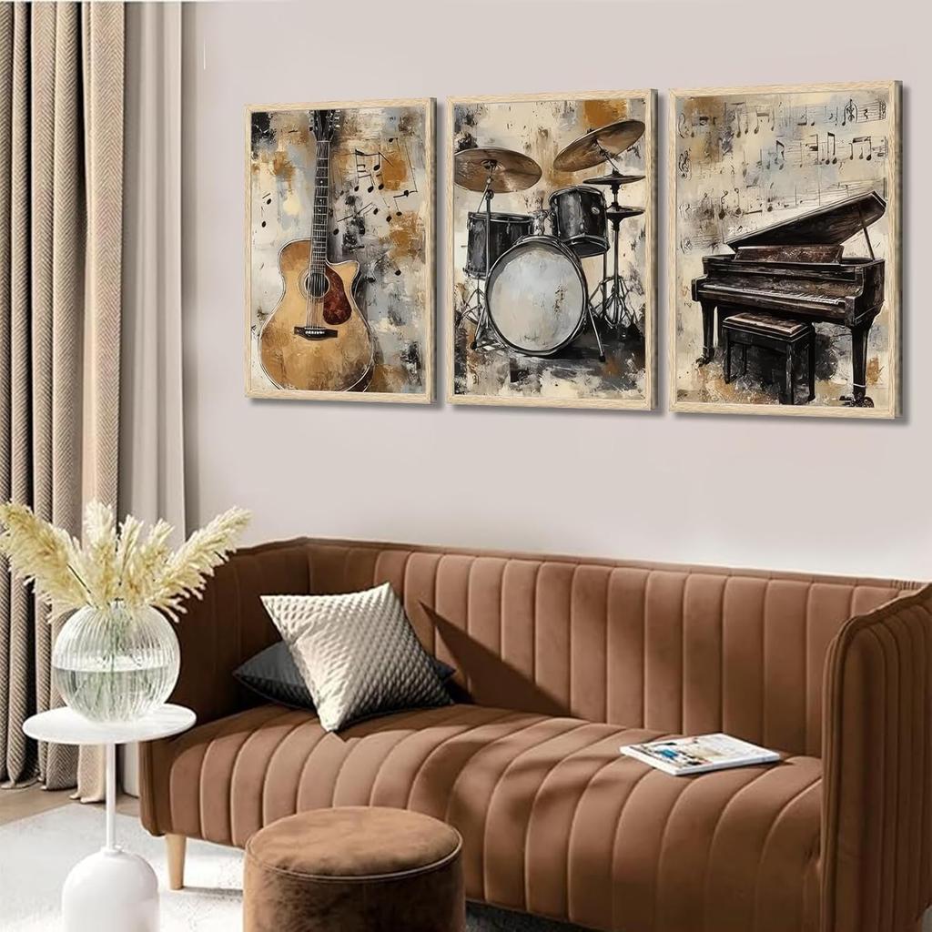 lyrae 3pcs Vintage Musical truments Wall Art Piano Guitar Drum Set Posters Artwork Music Theme Painting Pictures Wall Decor for Studio Gallery Home