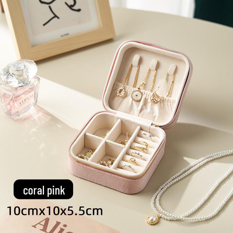 Portable Double-Layer Velvet Jewelry Box with Mirror and Zipper for Earrings and Rings
