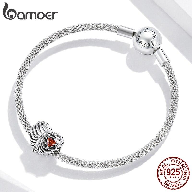 BAMOER 925 Sterling Silver Shine Zircon Red Love Heart Beating Heart Ribs Charm Beads Fit 3mm Bracelets