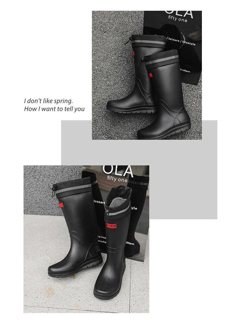 Men's High-Top Waterproof Non-Slip Rain Boots with Drawstring Long Tube Style