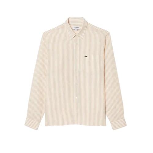 Lacoste Mens Striped Linen Regular Button-Down Shirt