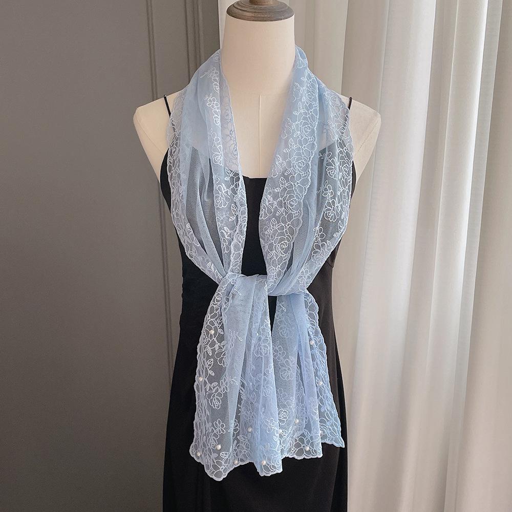 Elegant Embroidery Wide Version Lace Streamer Temperament Pearl Scarf Spring and Autumn Thin Shoulder Decorative Silk Women