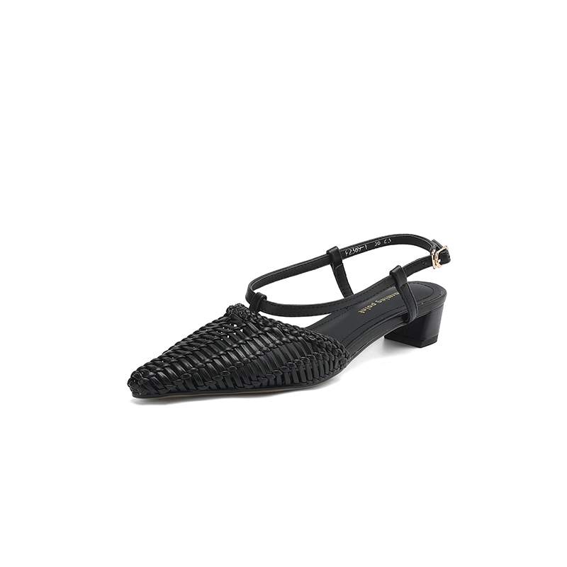 Krazing Pot Straw Weaving Mules Summer Size 42 Gold Color Thick Low Heels Women Women Pointed Toe Sandals