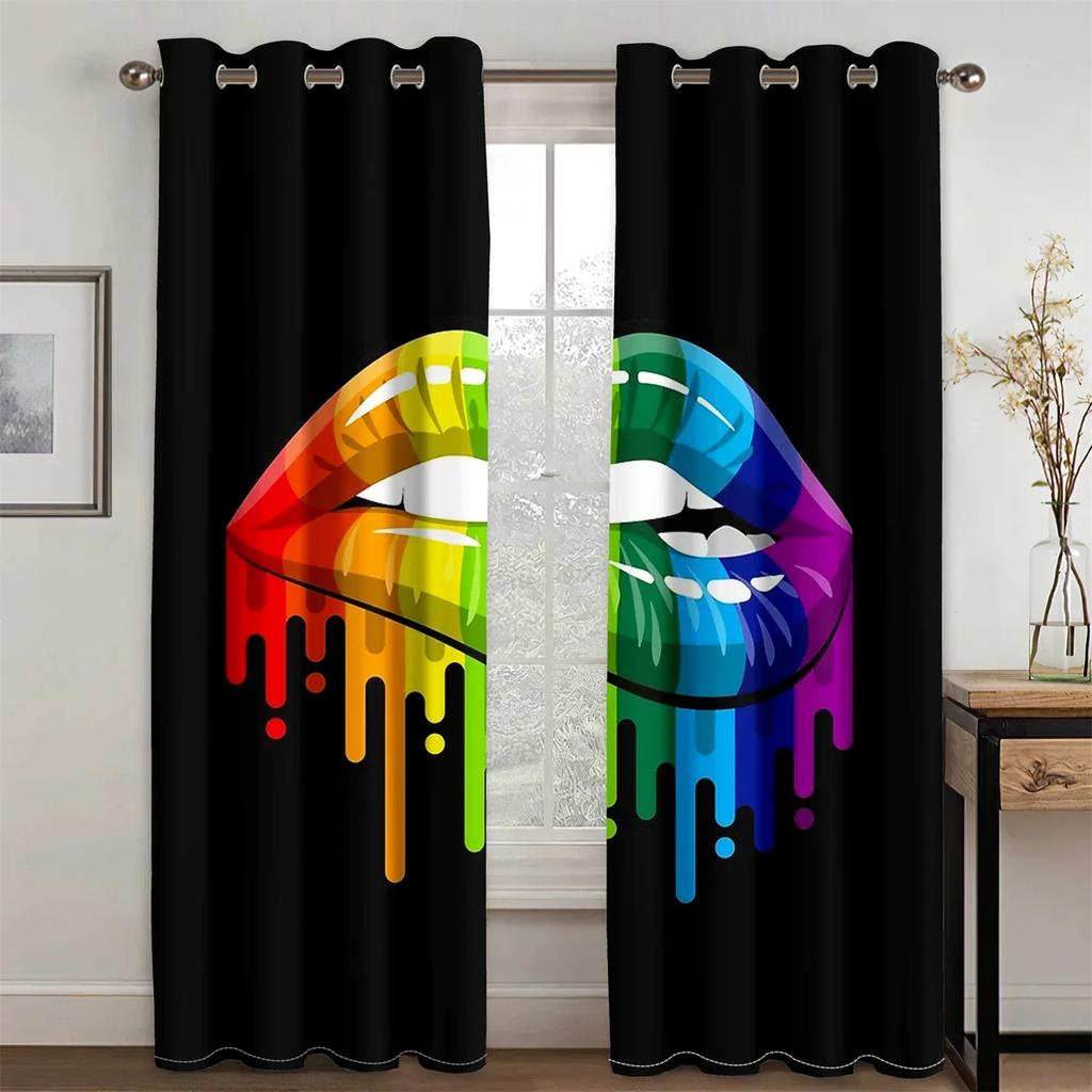 Sexy Red Lips Rainbow Abstract Art Mouth Girl Light Filtering Drapes Window Curtains for Living Room Bedroom 2 Pieces Decor