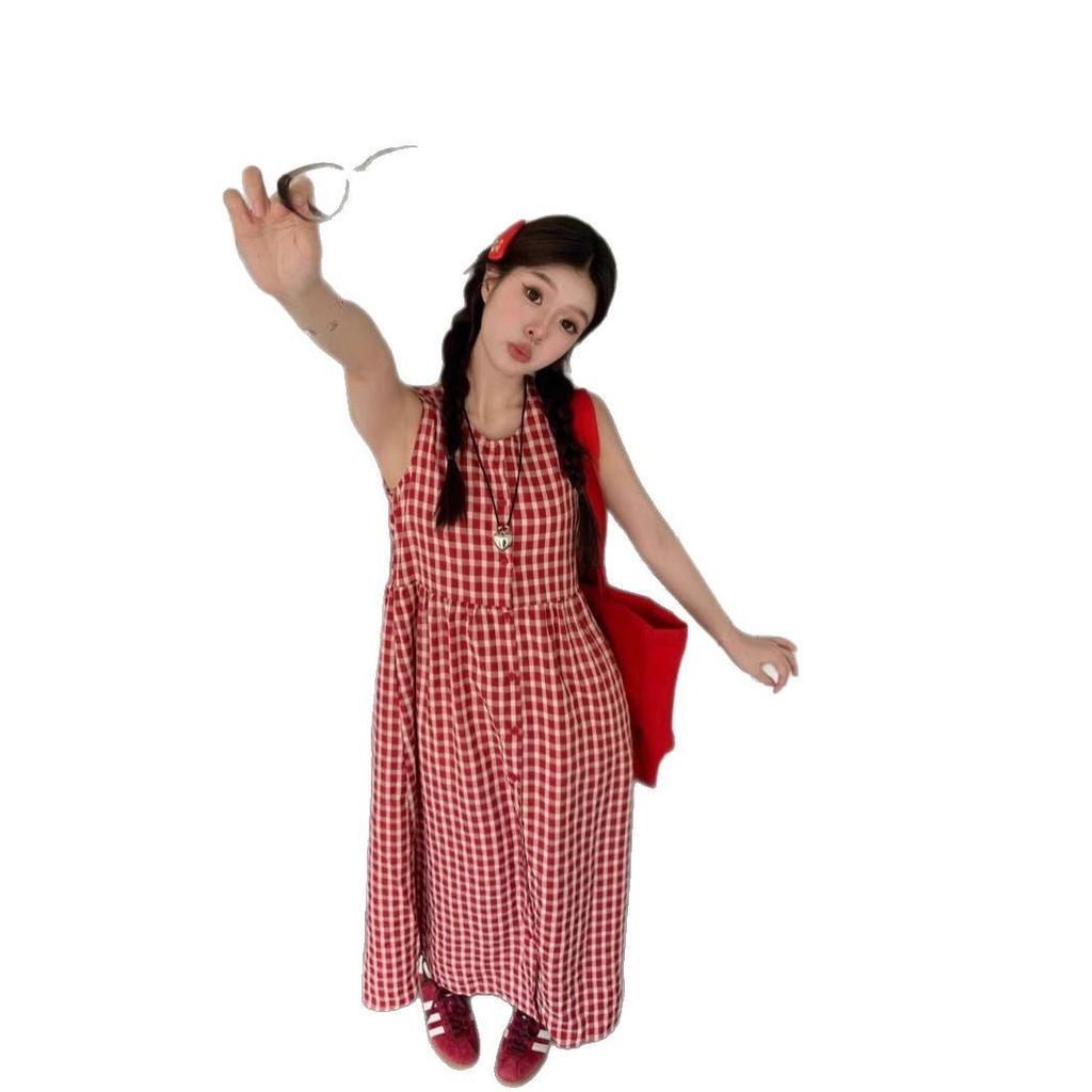 Women's Sweet & Spicy Red Plaid Sleeveless Tank Dress - Spring 2025 Collection, Loose Fit, Single-Breasted, Long Lazy Style