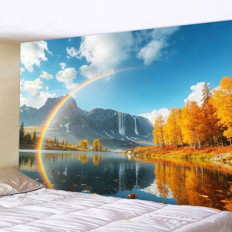 Fall Forest Lake Tapestry?- Full Rainbow Blue Sky Waterfall Golden Autumn