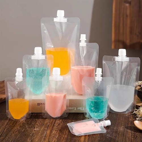 REENEW 150-Piece Set of Clear Spout Pouches, 30ml-500ml, for Drinks, Juice, and Condiment, with Lids, Freestanding, Takeout, High-Temperature Resistan