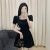 High-end French Square Neck Small Black Dress Temperament Waist Thin Wrinkled Belly Cover Dress  Summer Short Sleeves