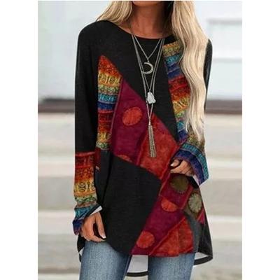 Frühlings- und Herbst-Rundhals-3D-Patchwork-Bedruckte T-Shirts Modische Lässige Langarm-Damen-T-Shirts
