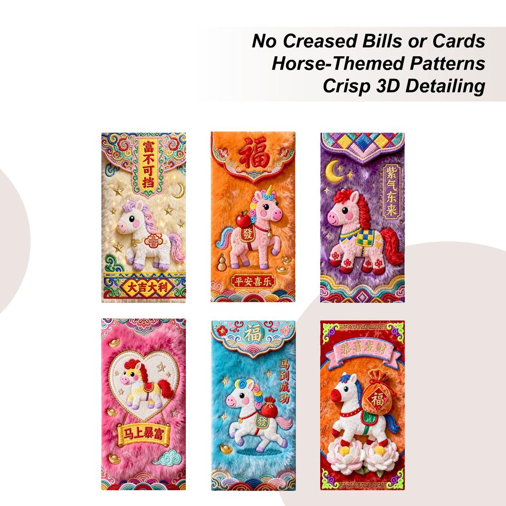 Red Envelopes for Money 6-Piece 2026 Good Luck Year of The Horse Red Letter Envelopes for Spring Festival Tet Wedding Holiday