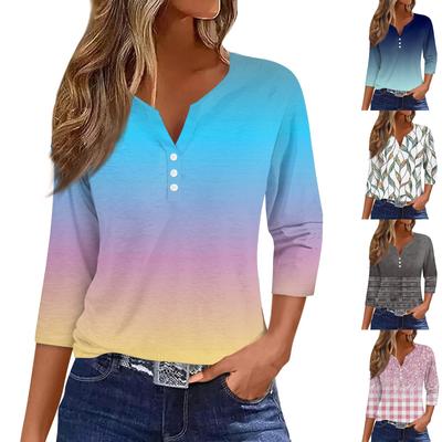 Women's T Shirt Tee Print Button  3/4 SleeveDaily Weekend Fashion Basic V- Neck Regular Top