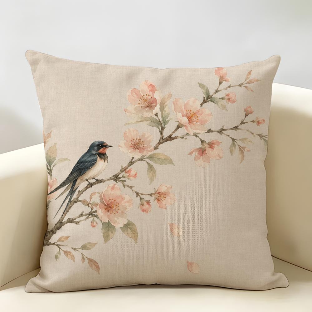 Oriental Watercolor Bird Blossom Cushion Cover Durable Hypoallergenic Organic Linen Short Pillow Cover Washable
