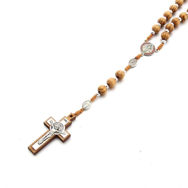 Handmade Wood Rosary Necklaces Men Women Necklaces Catholic Cross Pendant Meditation Jewelry Christian Religious Gift