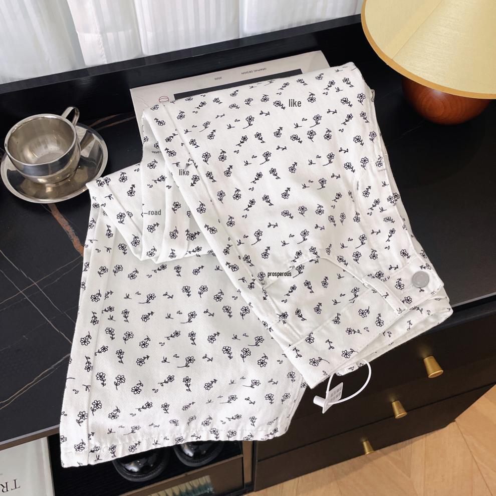 Spring/Summer Korean Style High Waist Floral White Wide-Leg Denim Pants for Women
