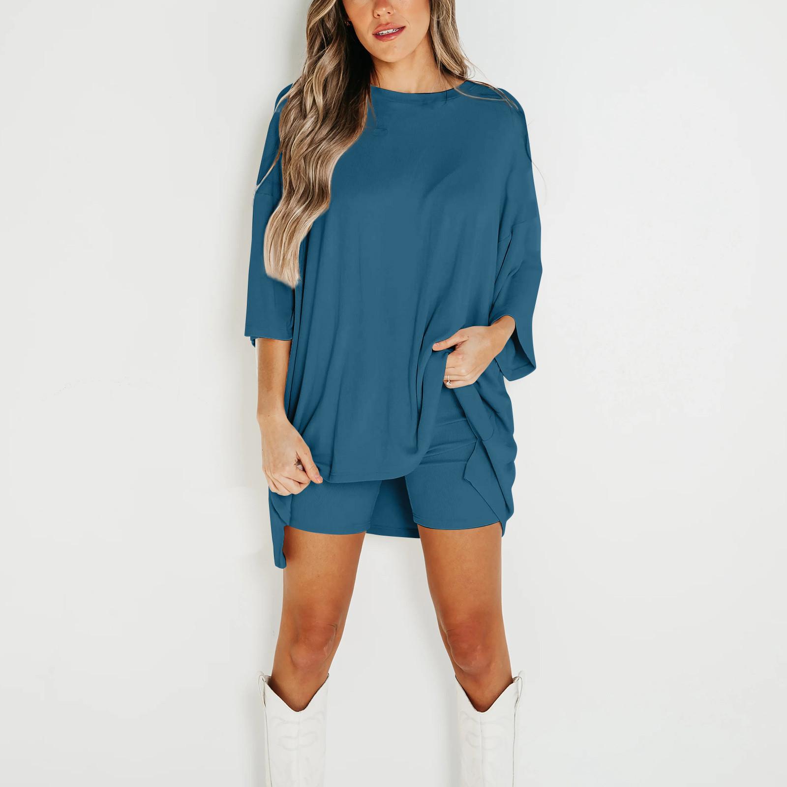 

Женский летний комплект из 2 предметов с круглым вырезом и короткими рукавами, с заниженными плечами, топ для больших детей и узкие байкерские шорты для йоги, комплект L синий