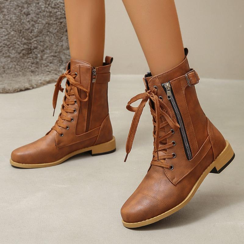Martin Boots Autumn and Winter Flat Large Size Belt Buckle Low Heel Short Boots Women