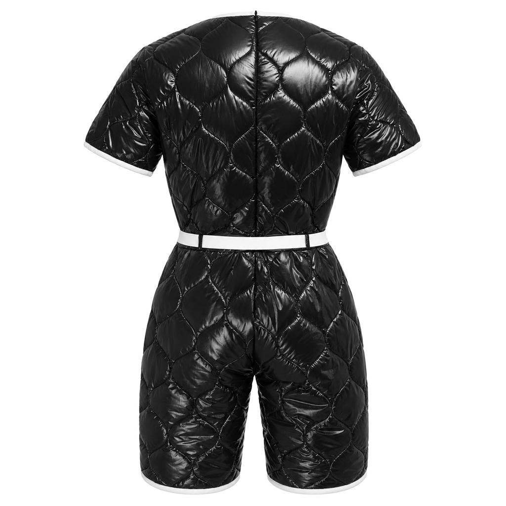Men Short Sleeve Padded Jumpsuit Water Resistant Back Invisible Zipper Thigh Length Bodysuit with Pockets Adjustable Belt for Easy Dressing