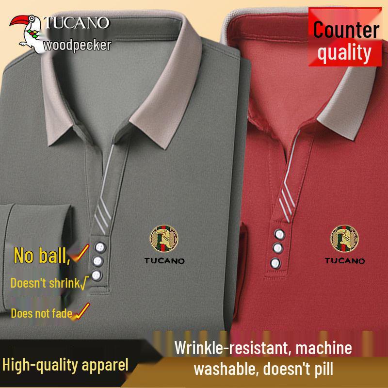Woodpecker Men's Long-Sleeve Solid Color Polo Shirt with V-Turn Collar for Spring and Autumn.